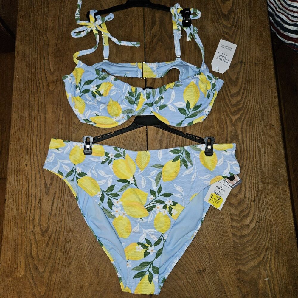 NWT Time and Tru Floral Lemon Top and Bottom Bikini Swim Set Plus 2X 20-22‎